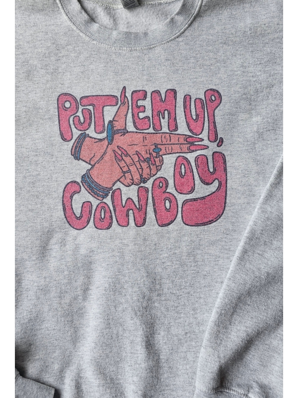 Gildan XL Cropped Western Graphic Sweatshirt “Put Em Up Cowboy” Oversized Cut - Picture 2 of 6